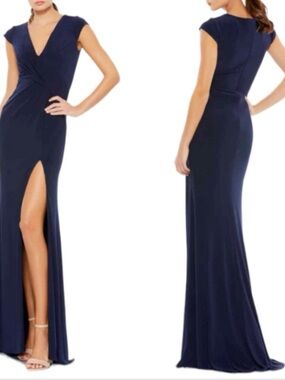 Mac Duggal Navy twist front Cap Sleeve Evening Gown Side Thigh Slit size 8🌺♥️